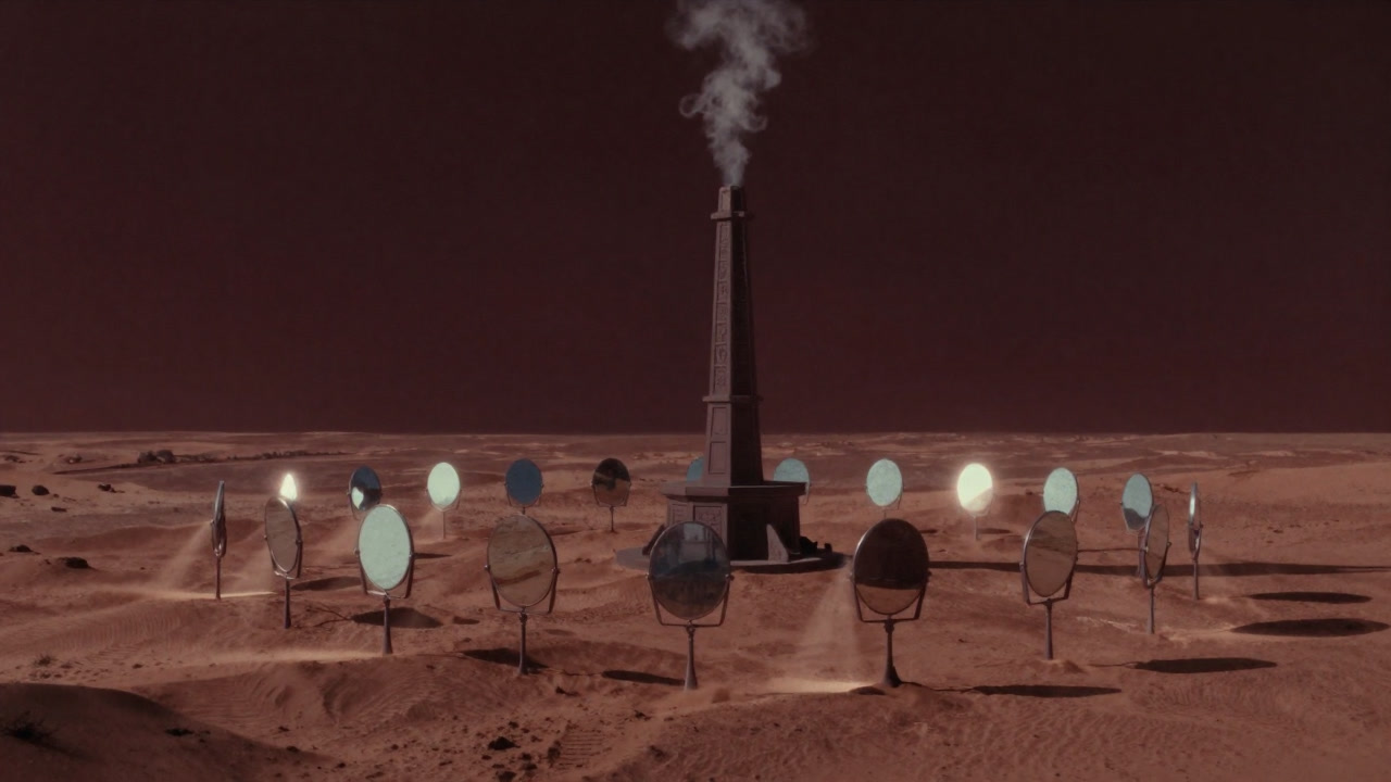 Image of rows of mirrors in a vast desert focusing sunlight towards a distant steam tower