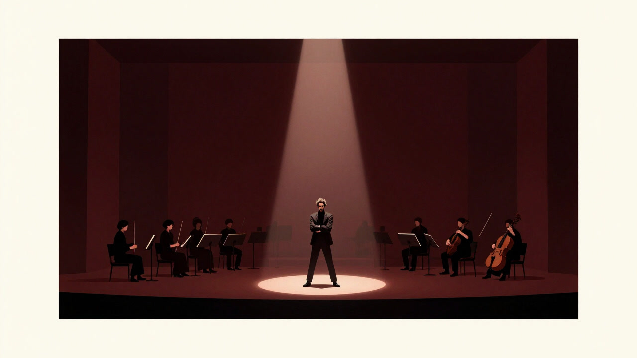 Illustration of a soloist commanding an orchestra in the background as mere supporting actors.