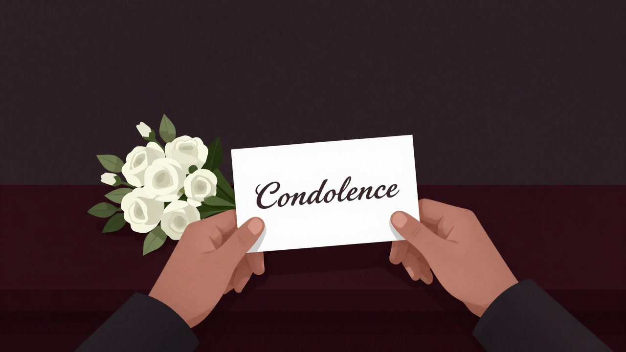 The word 'Condolence' held alongside a white flower bouquet, emanating silent pressure.