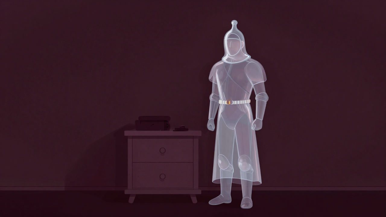 Illustration of a translucent condom swaying like a hero beside a bedside table at night
