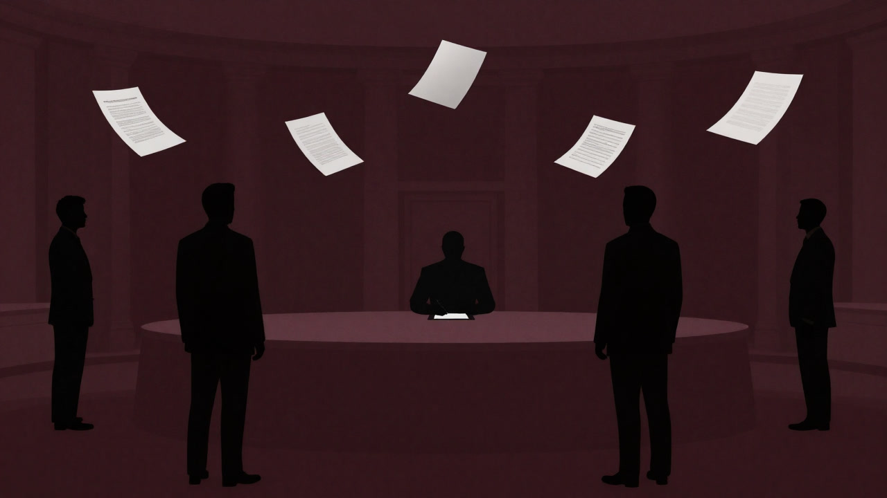 Silhouettes of delegates standing perplexed before treaty documents floating in midair