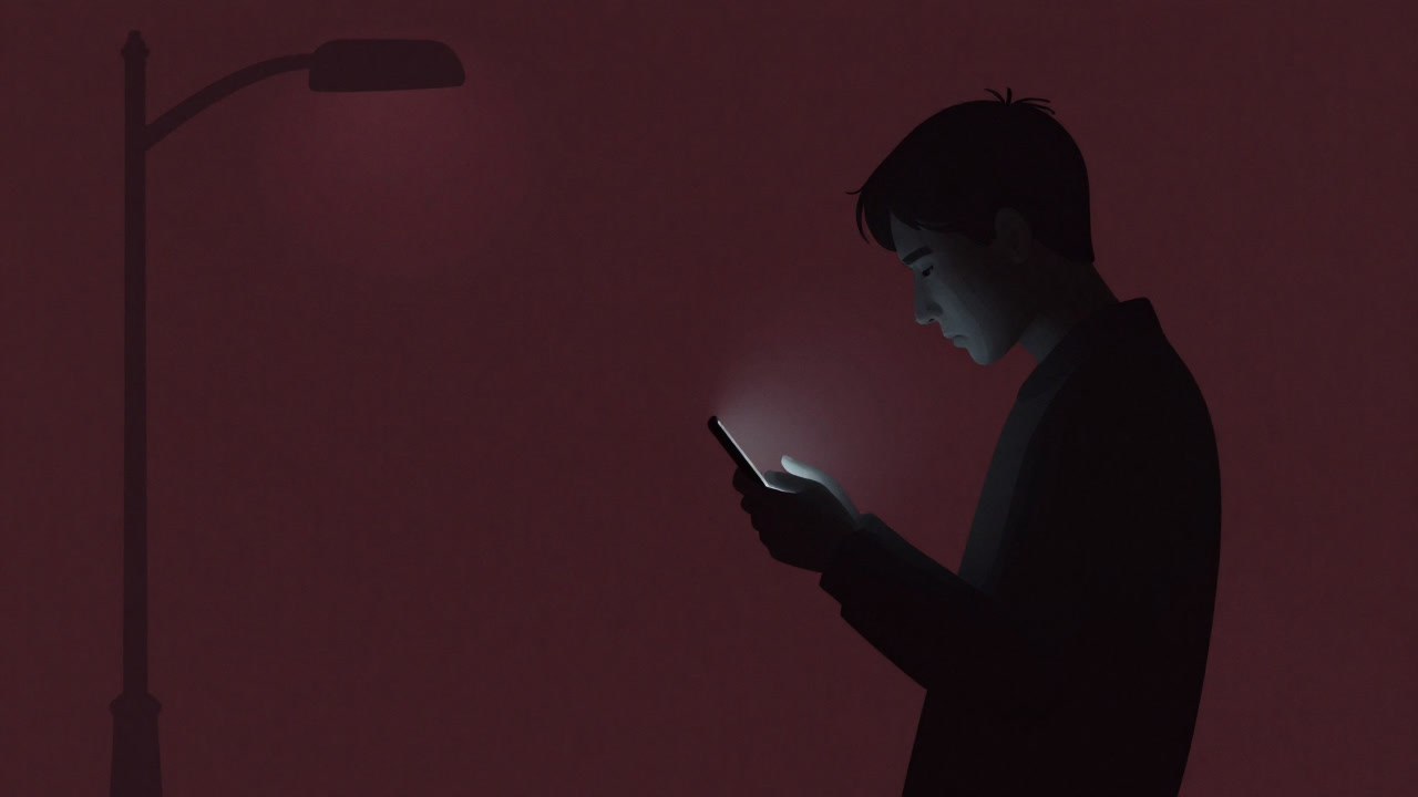 Silhouette of a young person clutching their smartphone nervously at midnight