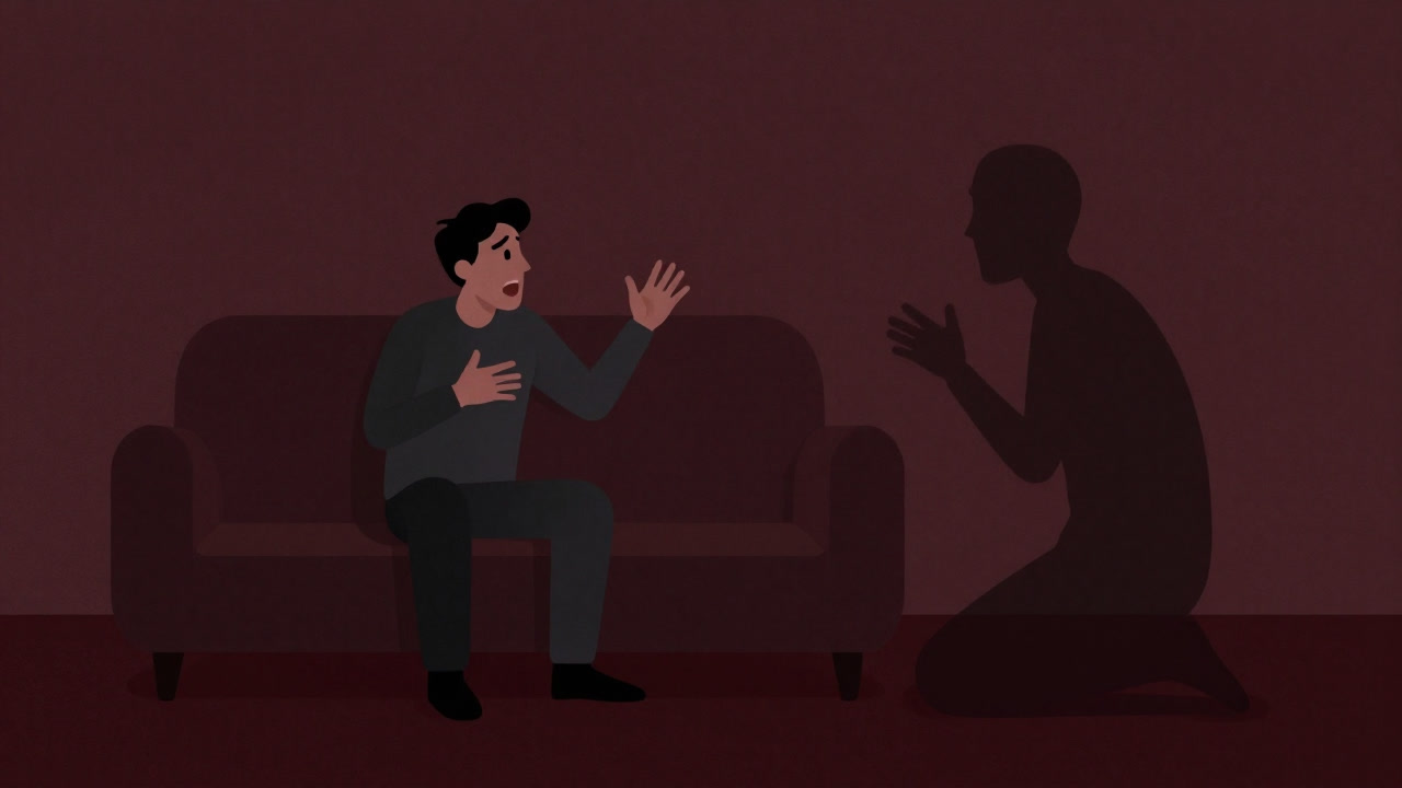 ソファに座り、無言の重圧を受け止める人物と顔の見えない相談相手のシルエット