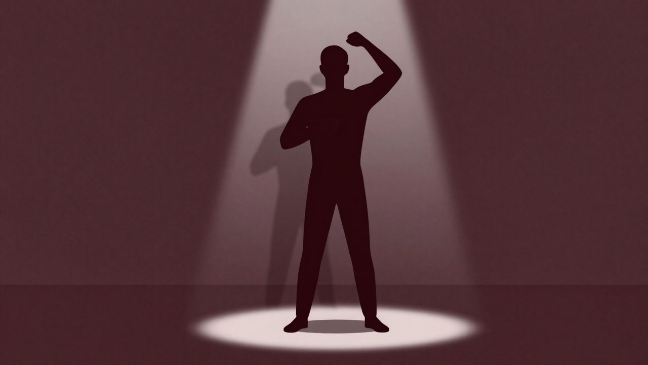 Illustration of a person standing confidently in spotlight, but with a faint shadow of doubt looming behind