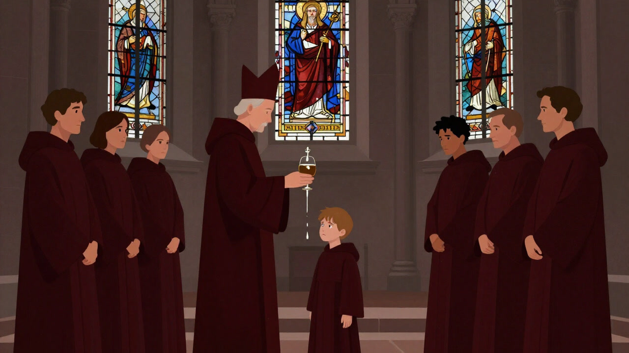 Illustration of congregants standing solemnly in a church while a boy waits under dripping holy oil with a slightly annoyed expression.