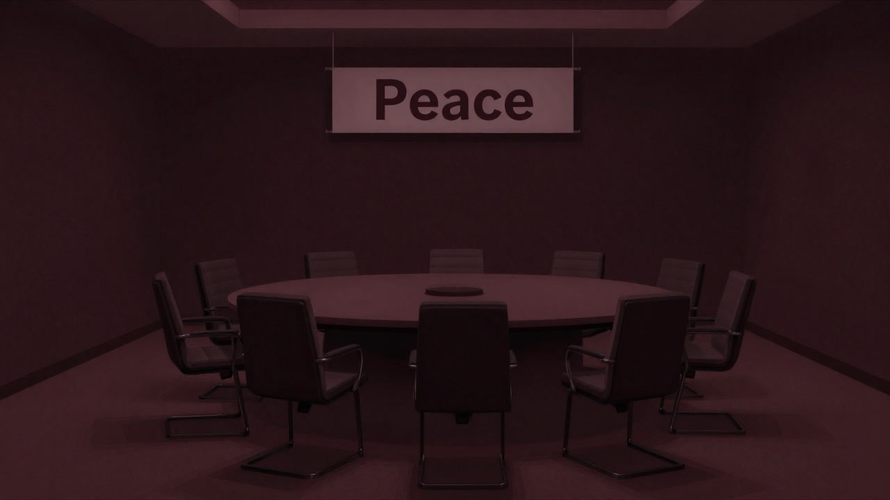 Image of a conference room under the banner of peace, all chairs empty and silent