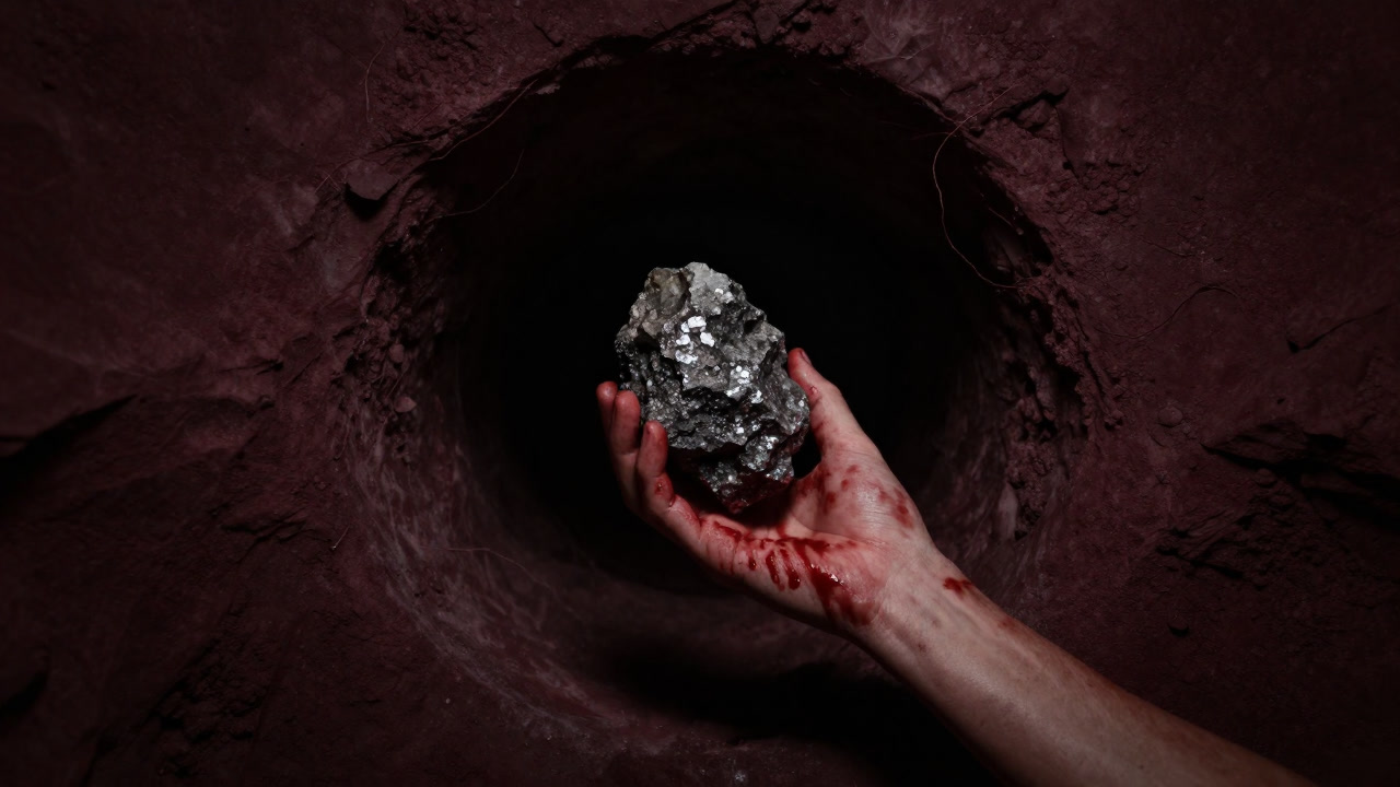 Illustration of a bloodstained hand offering a single mineral in a dark mine tunnel