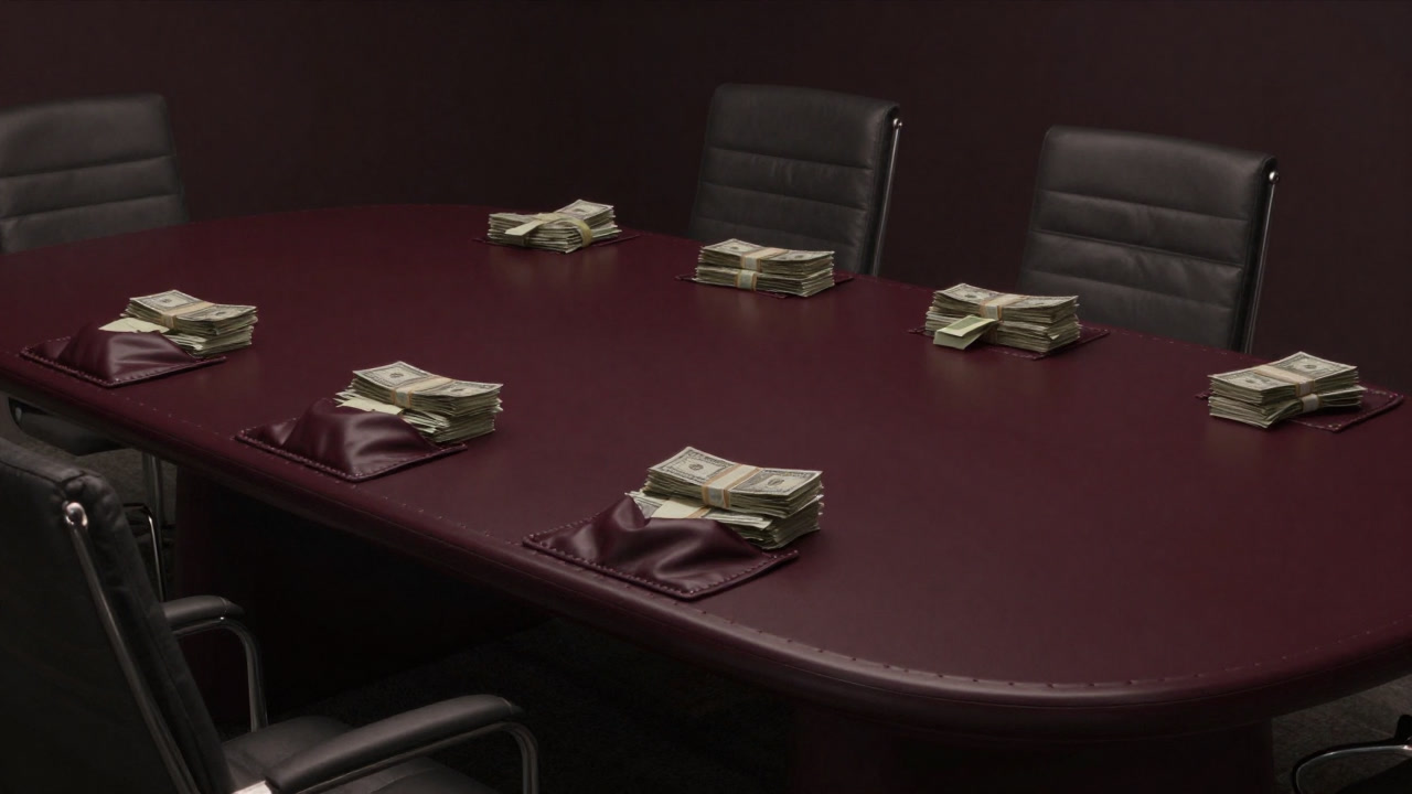 Stacks of money protruding from multiple pockets arranged on a grand boardroom table
