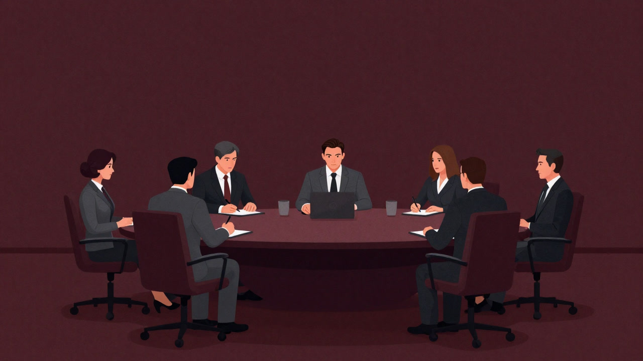 交渉テーブルを囲み、無言でメモを取り続ける企業役員たちの影絵