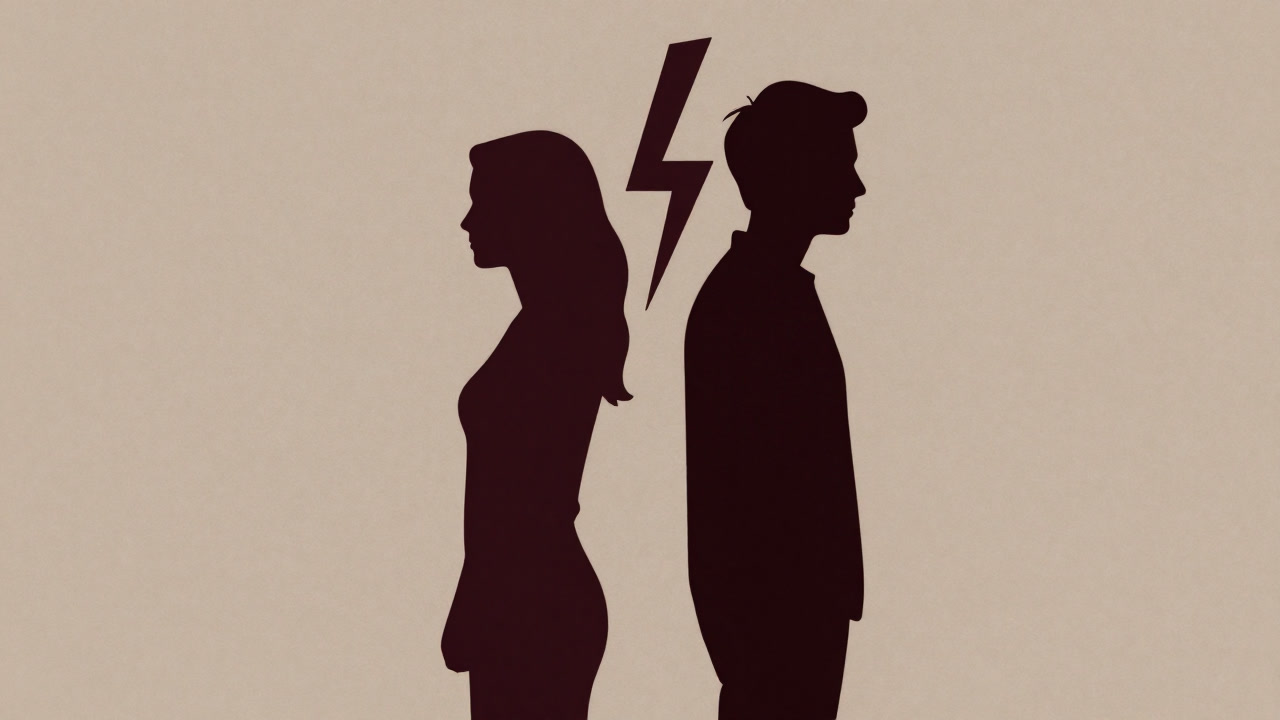 An illustration of two stylized human silhouettes standing back-to-back with lightning-like shapes between them, representing the emotional conflict stage in a romantic relationship.