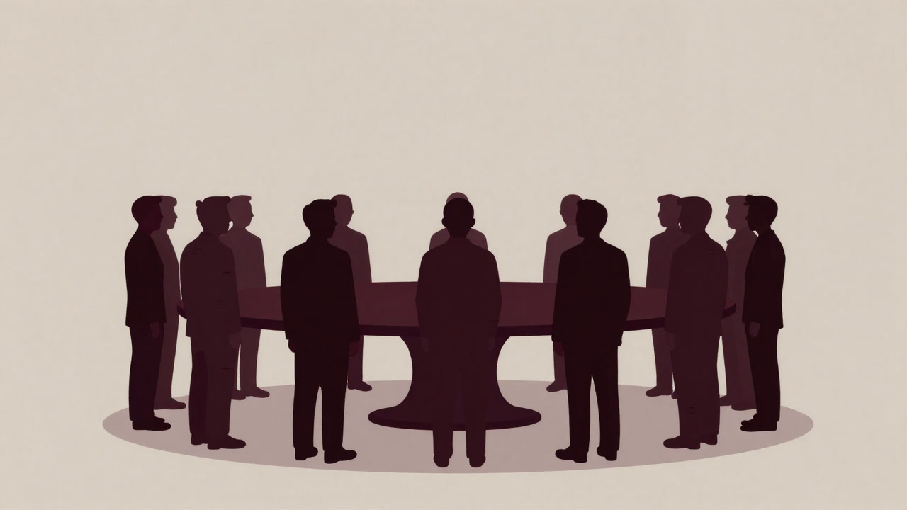 Silhouettes of people aligning around a round table, none looking at the center, standing in formation just to maintain the shape.
