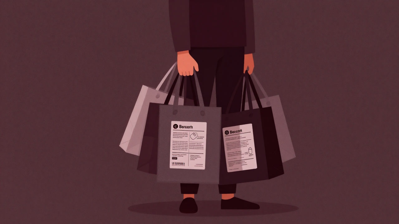 エコバッグをたくさんぶら下げた買い物客が、真剣な表情で商品ラベルをチェックするイラスト