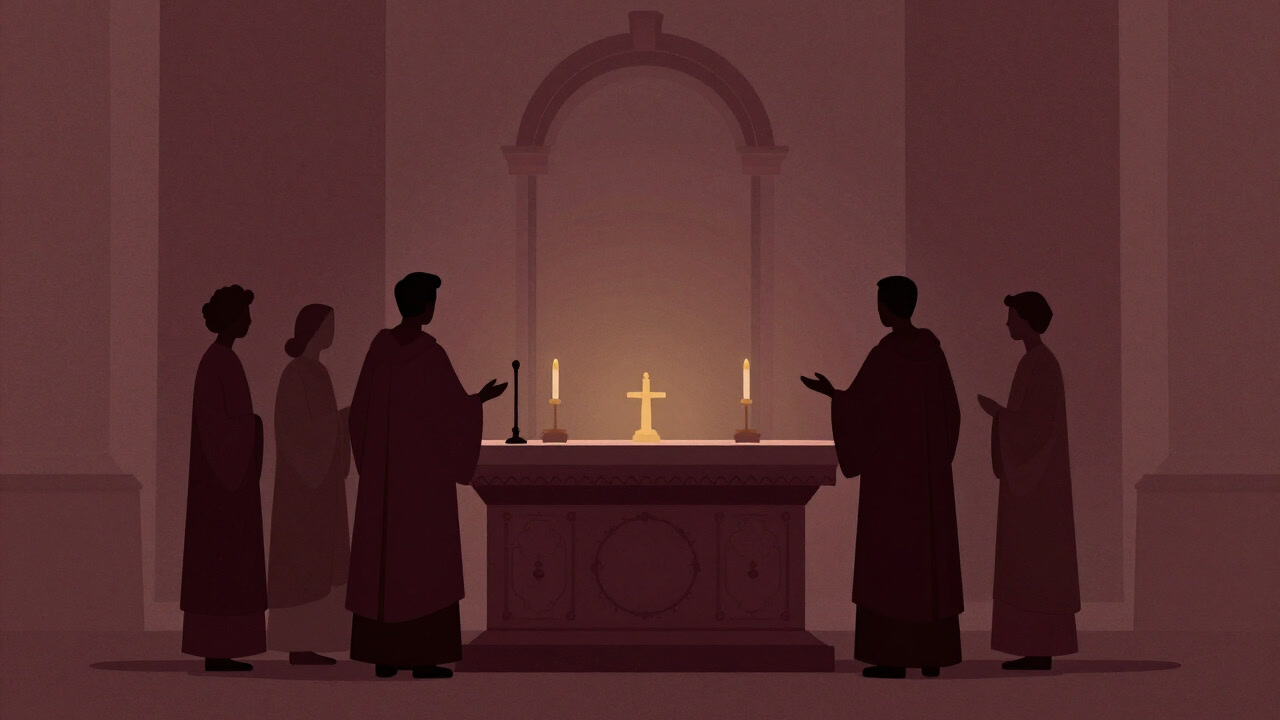 華やかな祭壇で聖別の儀式を行う人々のシルエット