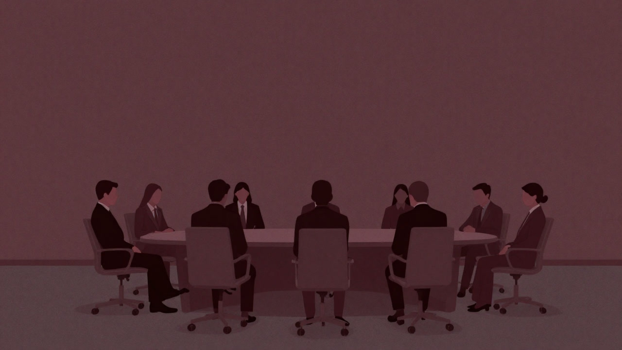 Shadows of people around a conference table nodding in satisfaction, though in reality no one spoke and everyone simply nodded at once.