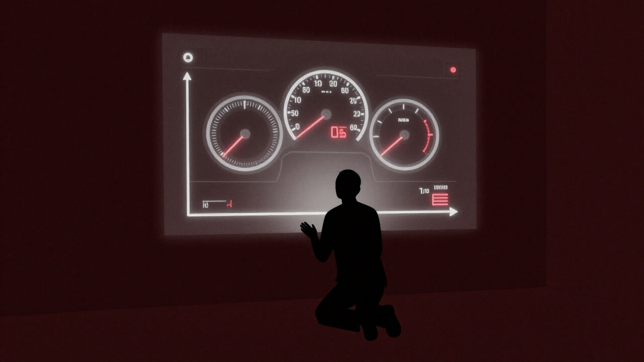 Silhouette of a person kneeling before a glowing dashboard graph in a dark environment
