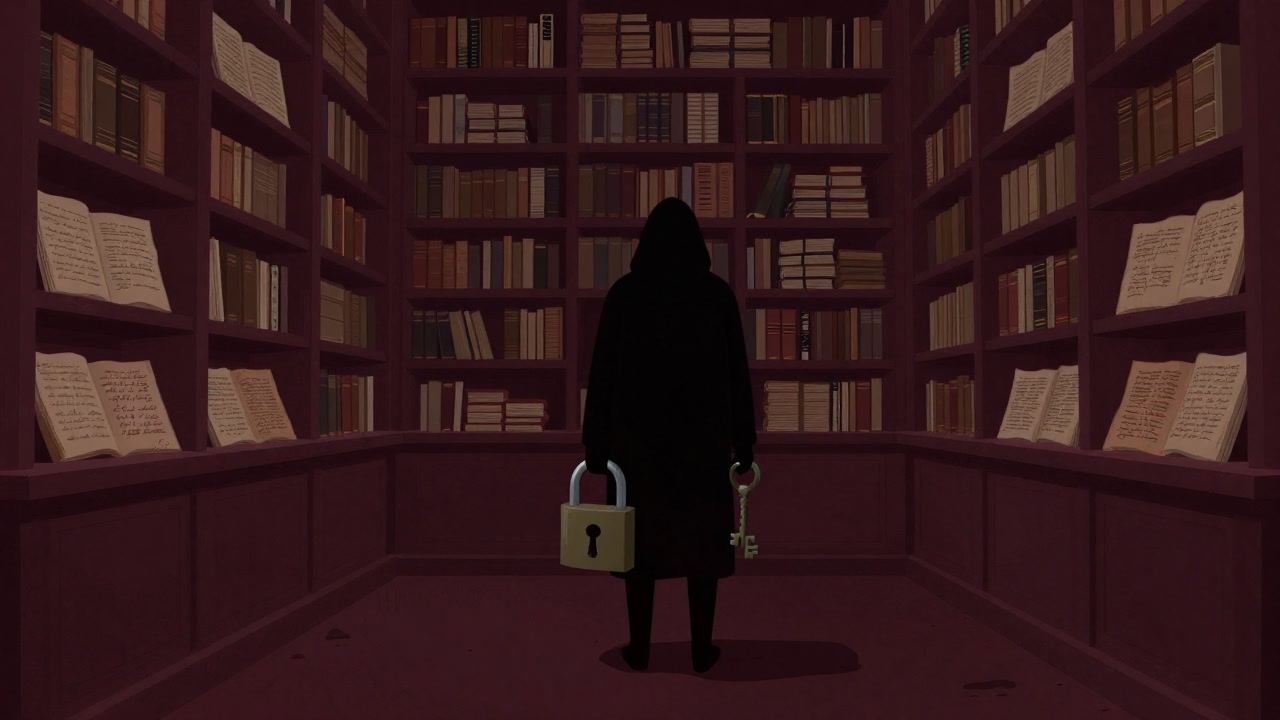 Silhouette of an elderly figure holding keys and padlocks in front of an old dusty library shelf filled with ancient manuscripts.