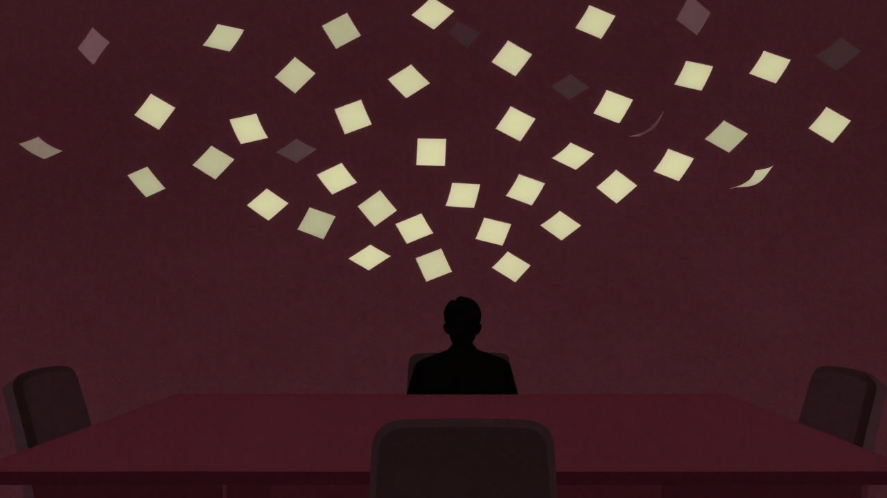 Silhouette of a businessman staring at countless sticky notes on a whiteboard, deep in thought.