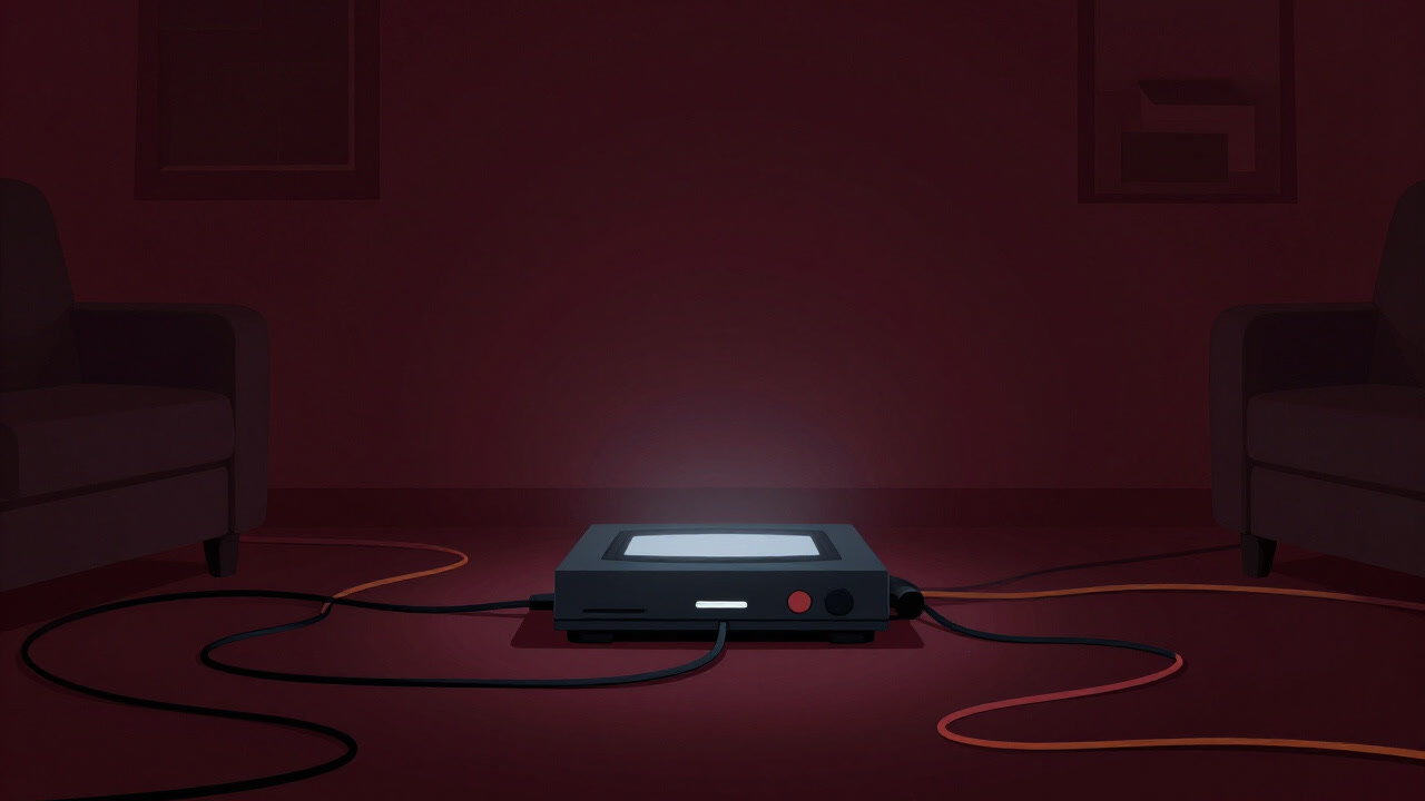 Silhouette of a game console surrounded by cables in a living room, screen glowing