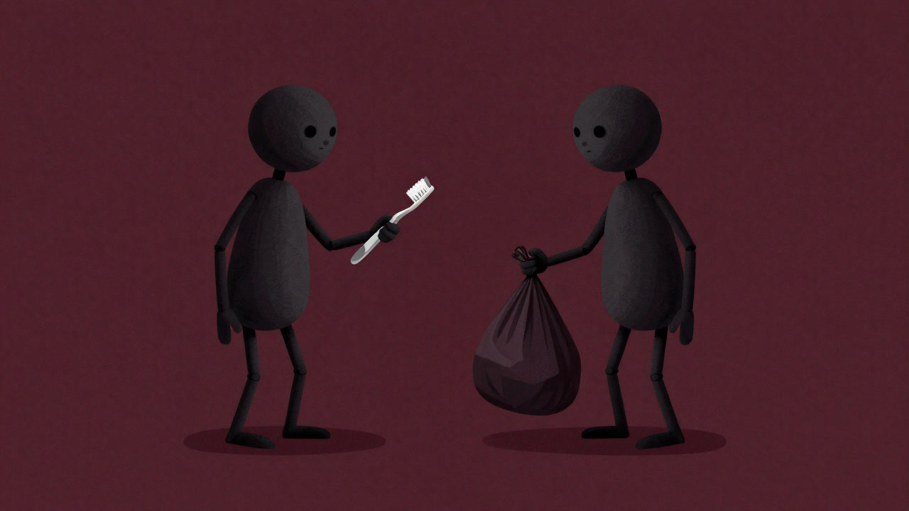 Illustration of two puppet-like figures facing each other, holding a toothbrush and a trash bag, in discussion.