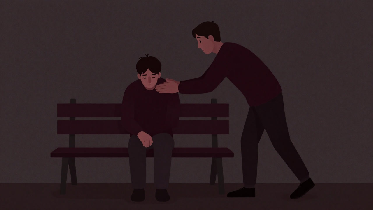 Illustration of a tired person being awkwardly hugged by another comforting person.