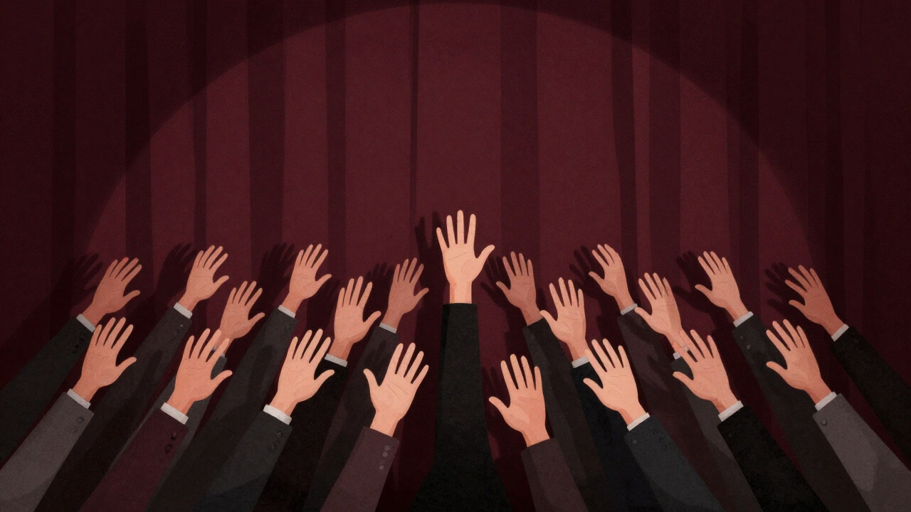 表面的に微笑み合う人々が劇的なステージでそろって手を差し伸べる様子を捉えた画像