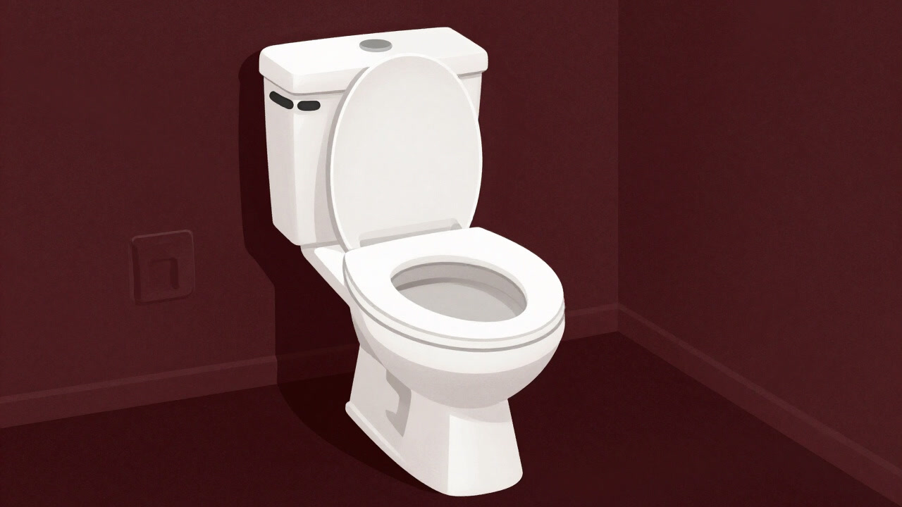 Image of a toilet bowl with a hardened, dry stool left in a powerless, lonely scene