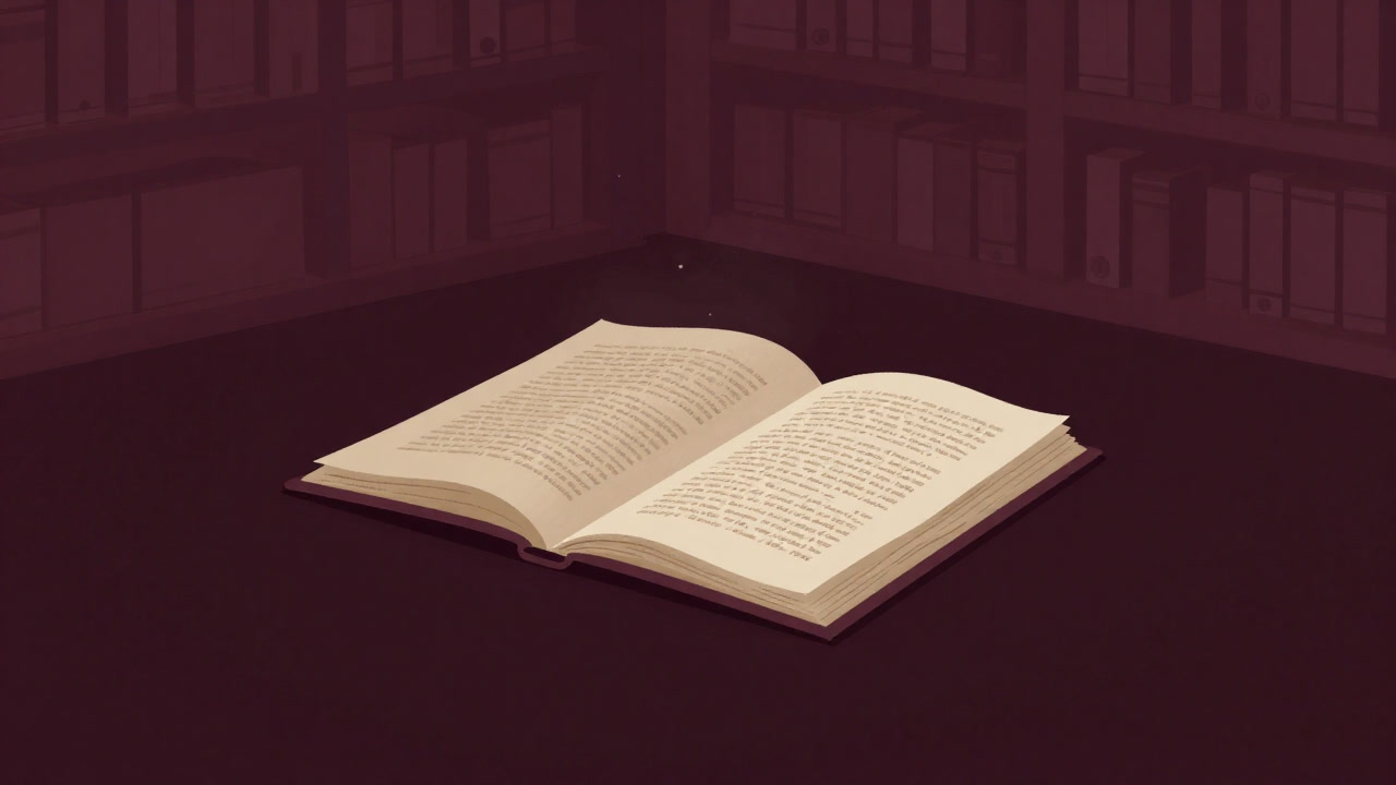 A copy of the constitution lies open in a dusty old library, faintly illuminated in a space filled with floating dust particles