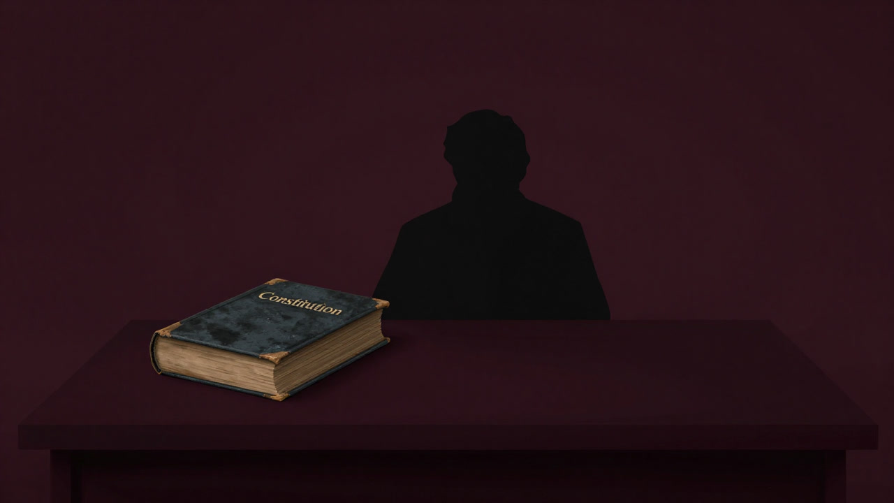 厚い条文書を前に考え込む法学者のシルエット