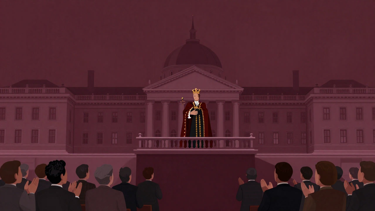 A solemn king looking down at the crowd from a high balcony of a parliament, with raptorious applause from ceremonial politicians