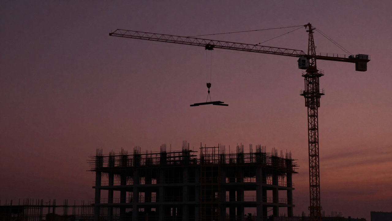 A crane and the skeletal frame of an unfinished building bathed in sunset light