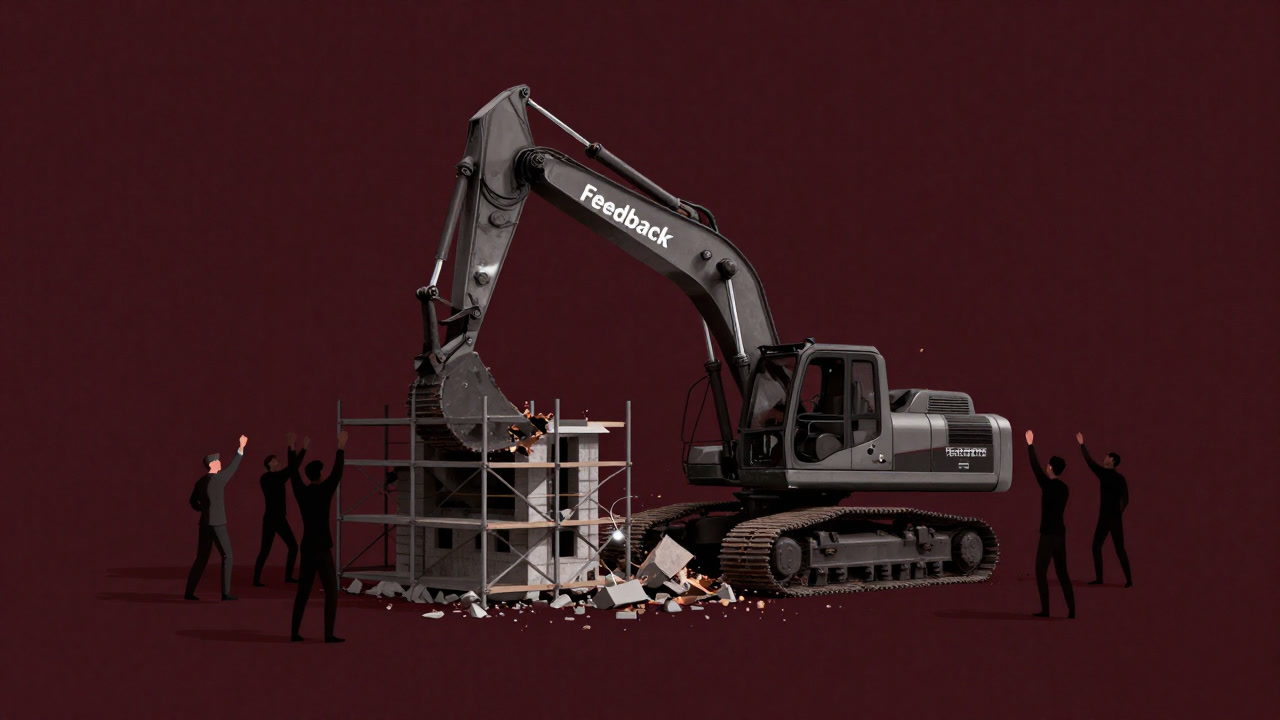Illustration of an excavator demolishing a foundation while claiming to build a beautiful building