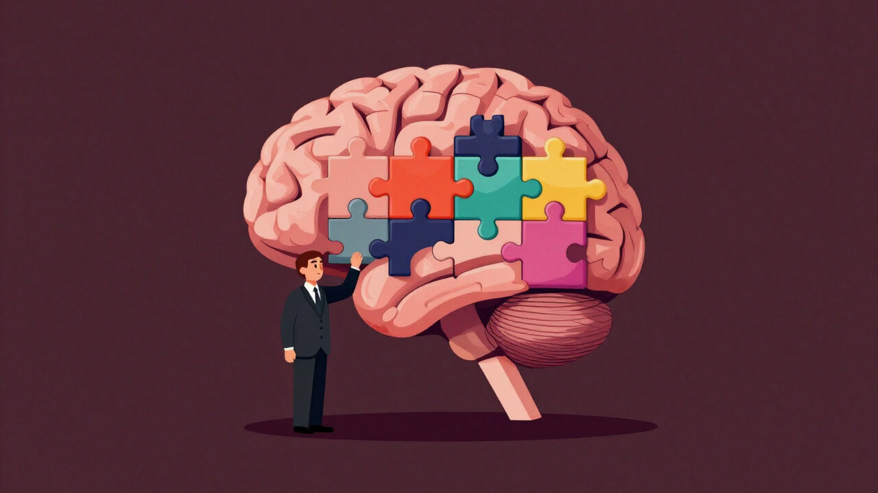 Satirical illustration of a giant brain made of colorful building blocks being assembled puzzle-like by a scholar