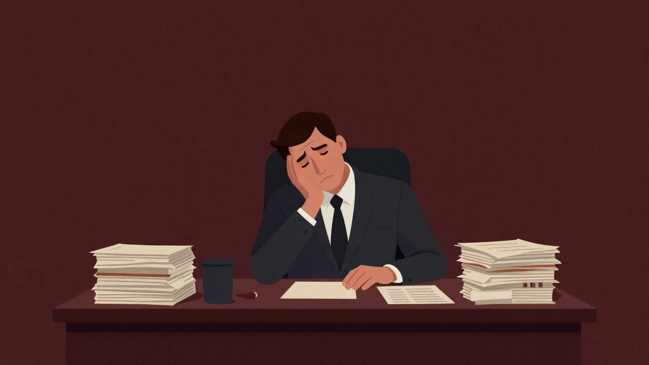 灰色の公館の一室で、デスクに山積みされた書類を前に疲れ果てた領事がため息をつくイラスト