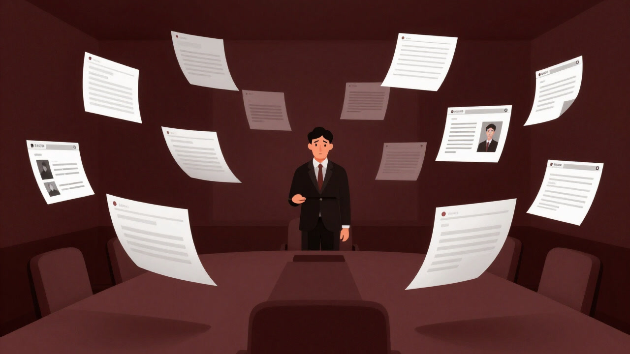 無限に続くスライドが宙に浮かぶ会議室の風景イラスト