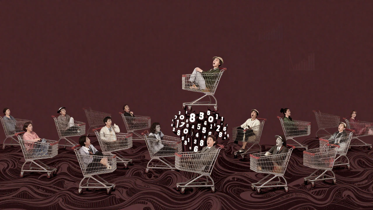 Illustration of countless consumers' shopping carts being overwhelmed by waves of data.