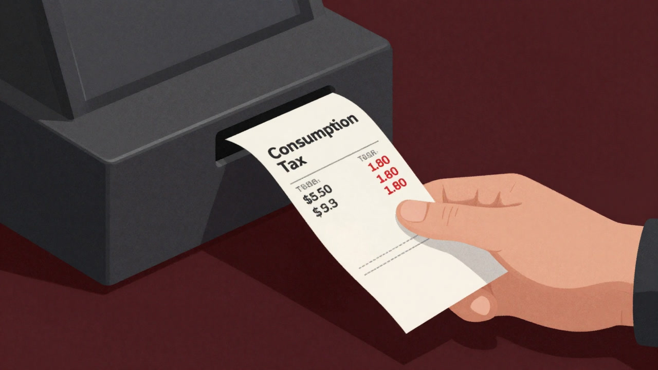 Close-up of a hand holding a receipt at checkout with the tax amount highlighted prominently.