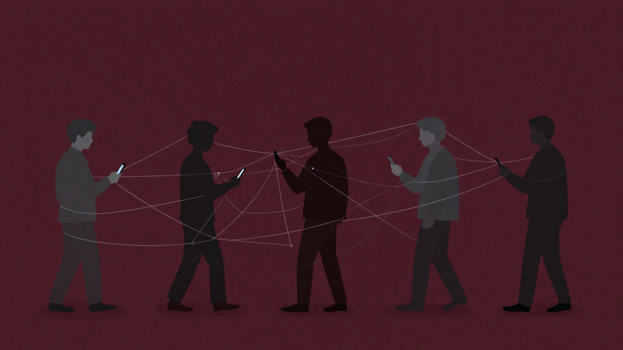 Citizens holding smartphones entangled in spider-web-like lines representing contact tracing.
