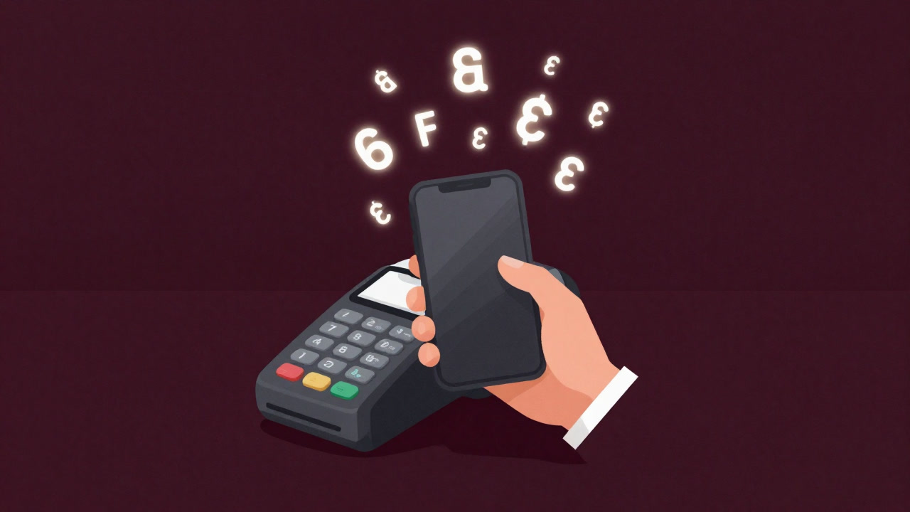 スマホをリーダーにかざす手と、背後で光る手数料の象徴としての踊る数字のイラスト