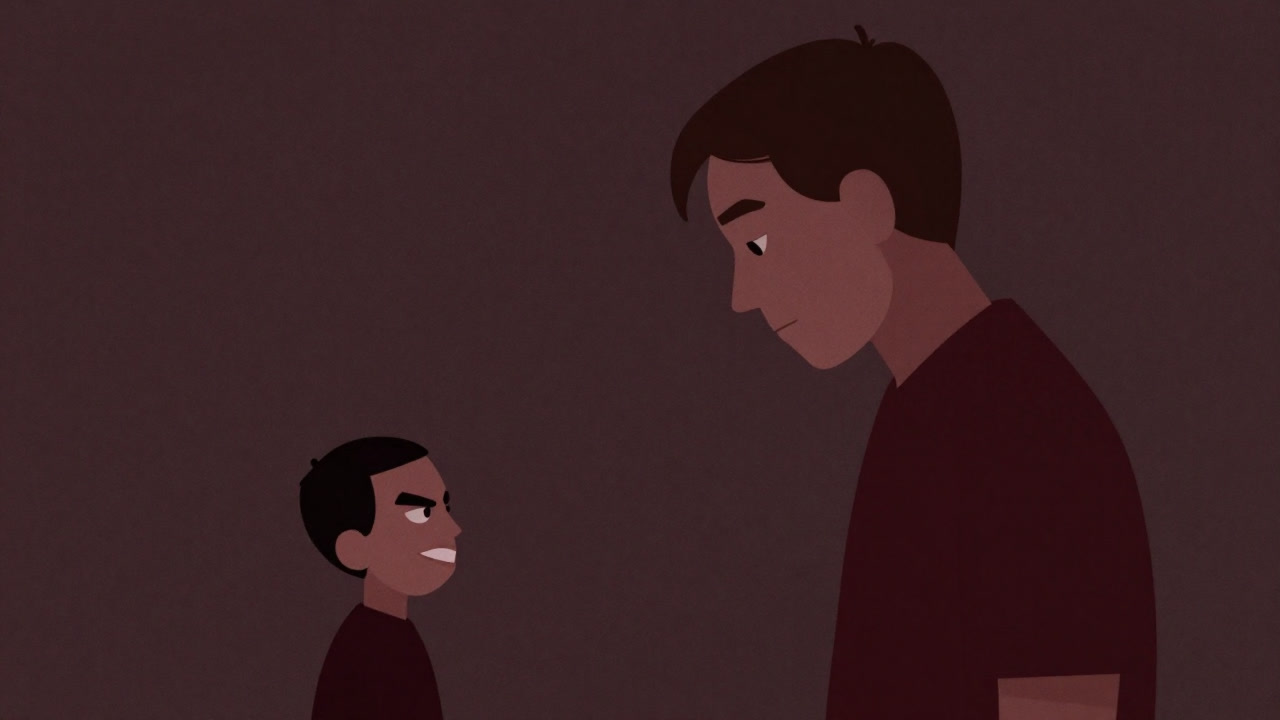 Silhouette of a person looking down on another with a haughty expression, splitting the background.