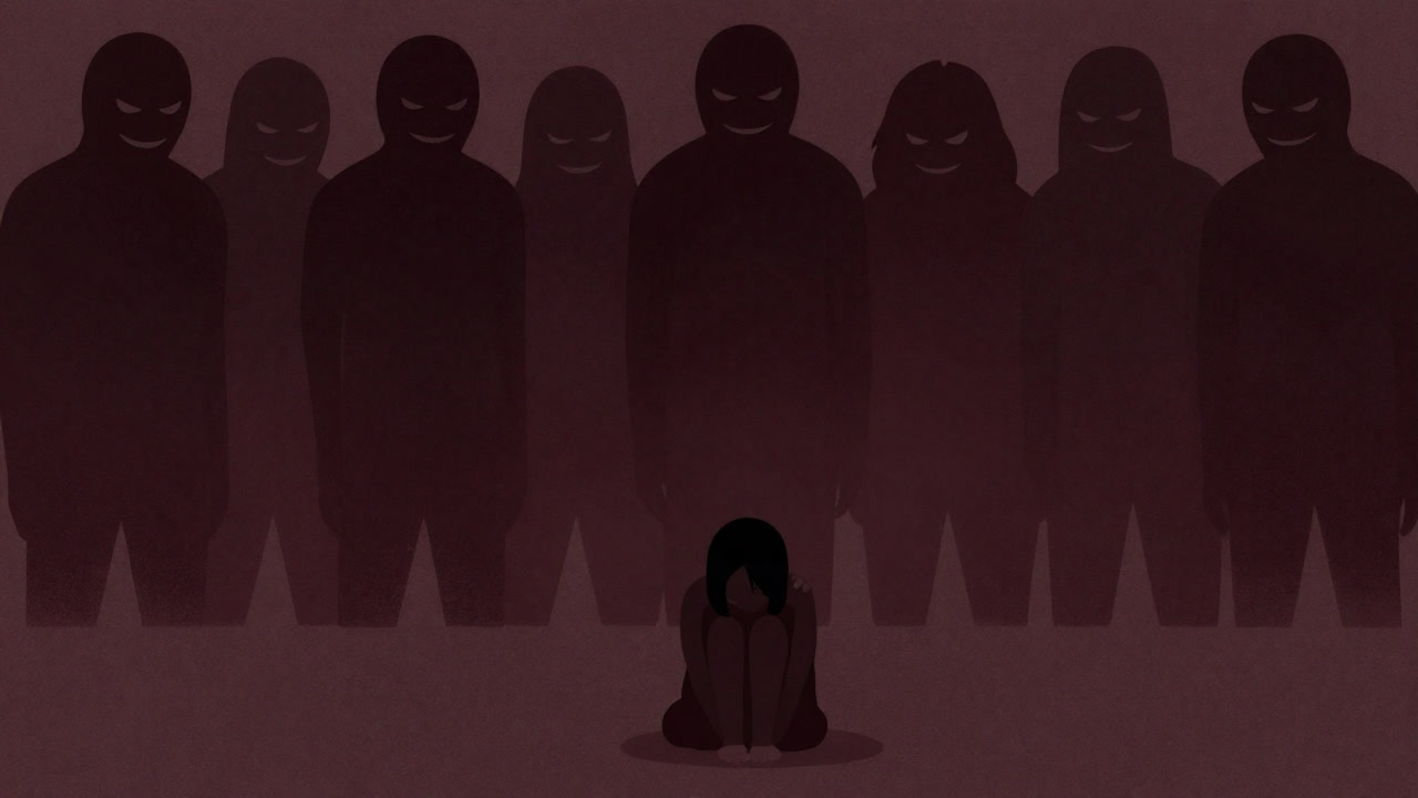 Silhouettes of people casting cold looks at a small figure cowering in front of them.