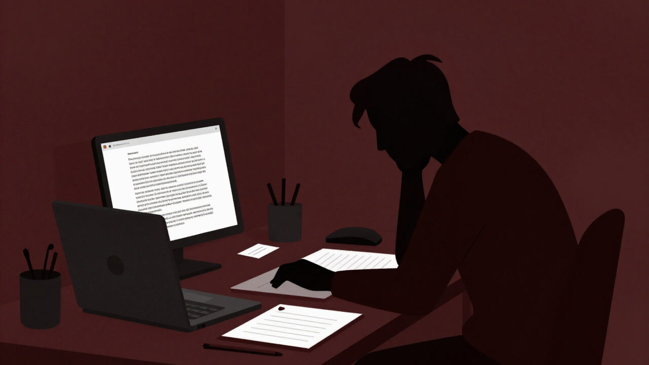 Illustration of a cluttered desk with laptops and notebooks, an unfinished article on the screen, and the shadow of a weary creator