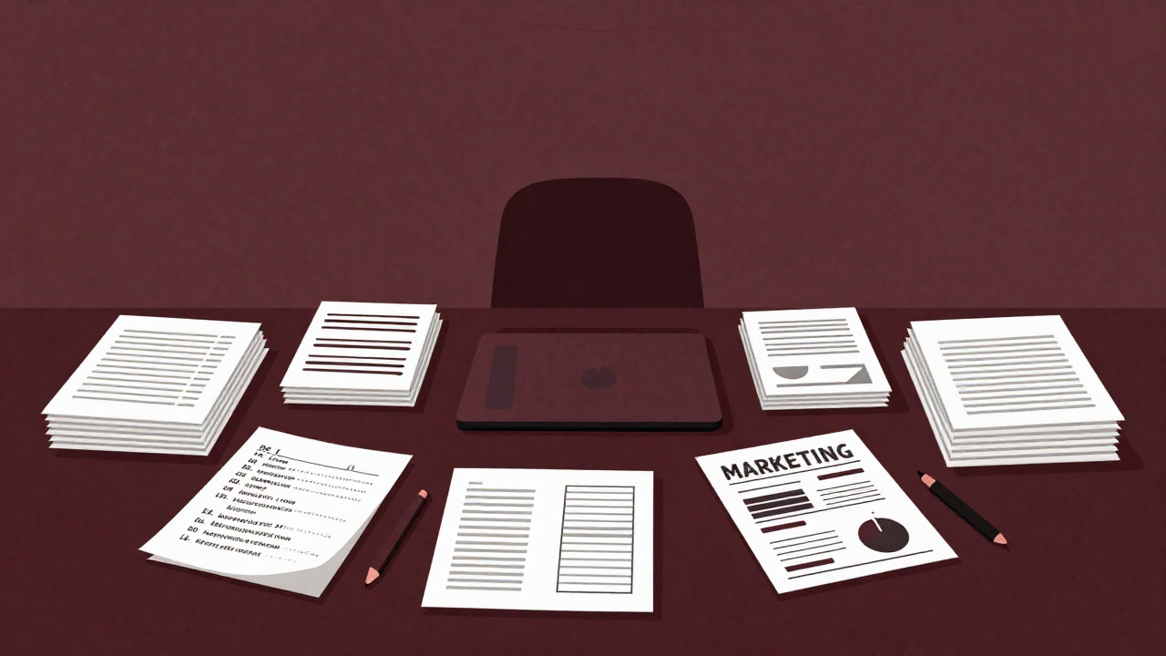 デスク上に記事の草稿とキーワードリストが山積みになった様子の画像