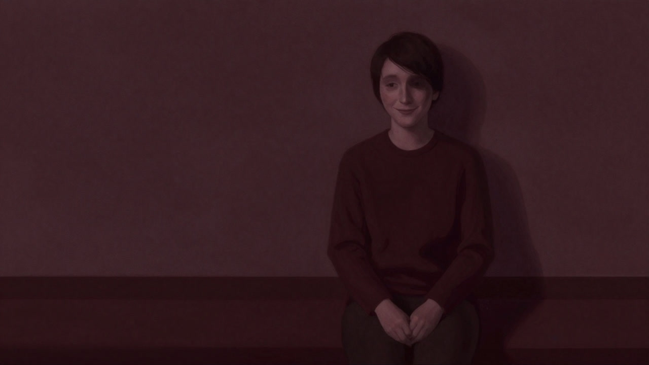 Image of a person looking content but with a shadowed gaze towards the next desire