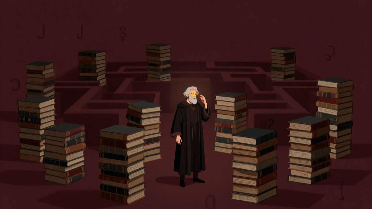 A philosopher lost among a pile of ancient books, eyes glowing while wandering the labyrinth of meaning.