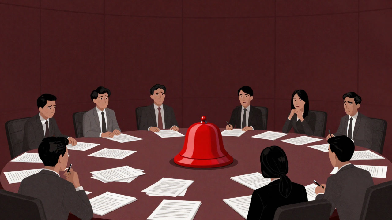 An illustration of an employee standing bewildered in a conference room surrounded by piles of documents and a red emergency bell.