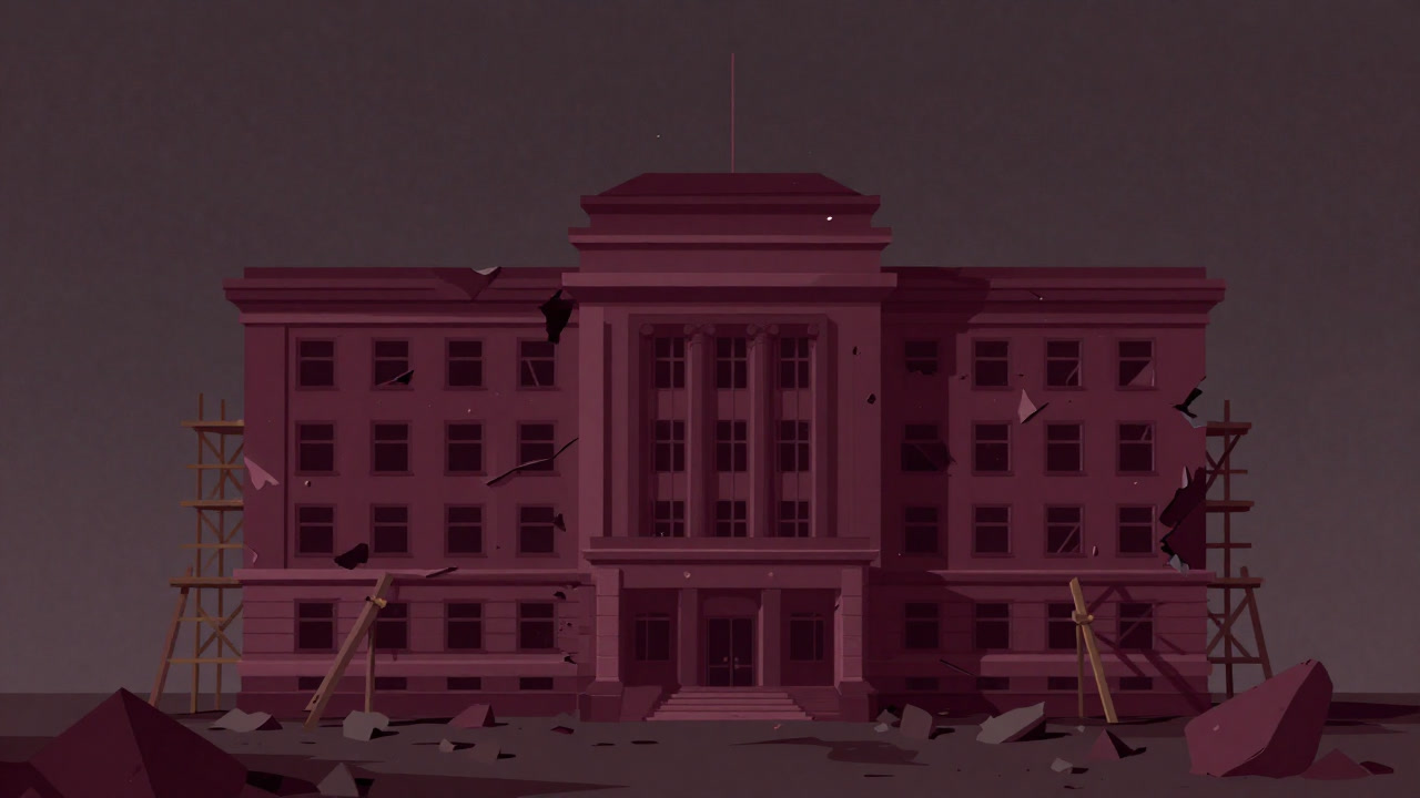 Illustration of a government building propped up precariously amidst rubble