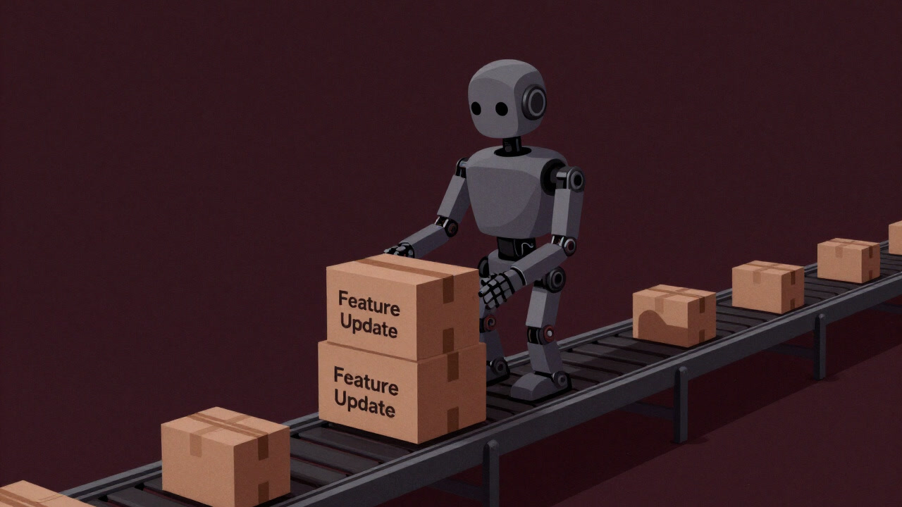 Illustration of a stoic robot endlessly delivering code packages on an infinite pipeline