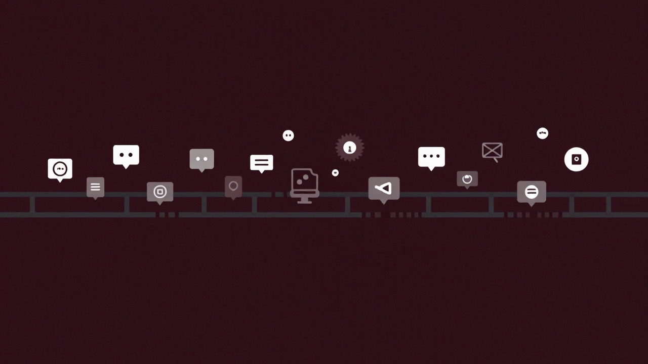 An illustration of an automated pipeline running endlessly in darkness, surrounded by countless notifications