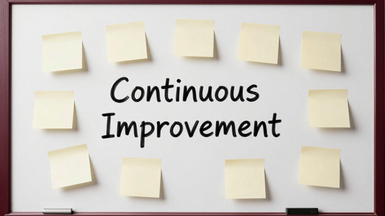 ホワイトボードに並ぶ未解決の課題と『継続的改善』とだけ書かれた文字