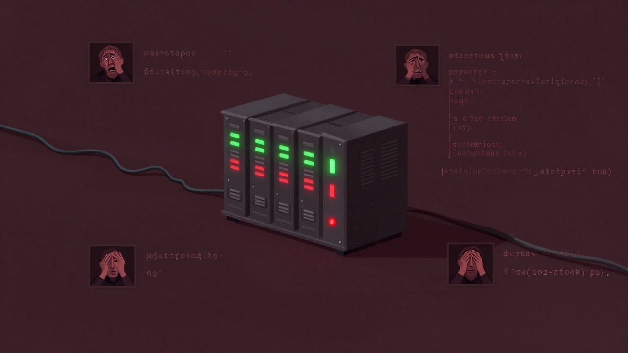 Illustration of a continuous integration server reflecting developers' mixed feelings in front of blinking build status lights